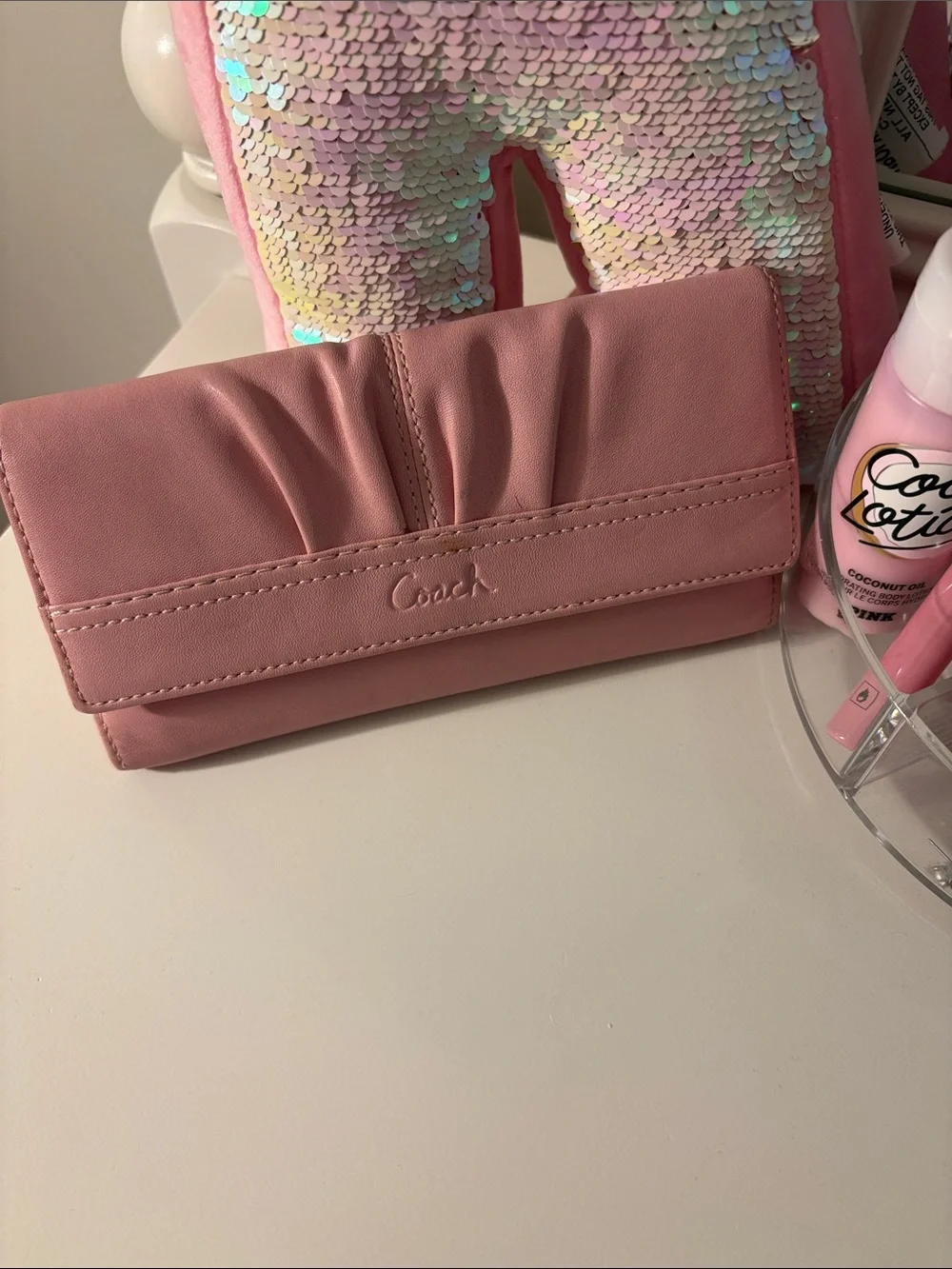 Coach Pink Leather Fold Wallet with Ruched Detail